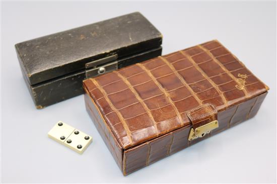 Cased set ivory dominoes, crocodile bridge case etc